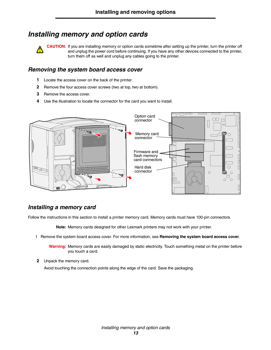 Lexmark C772, C770 Installing memory and option cards, Removing the system board access cover, Installing a memory card 