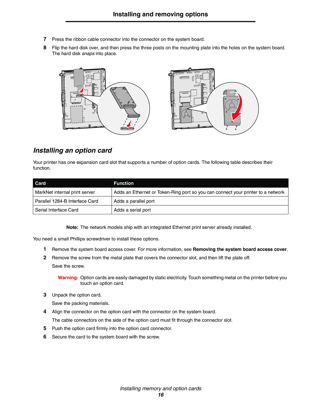 Lexmark C770, C772 manual Installing an option card, Card Function 