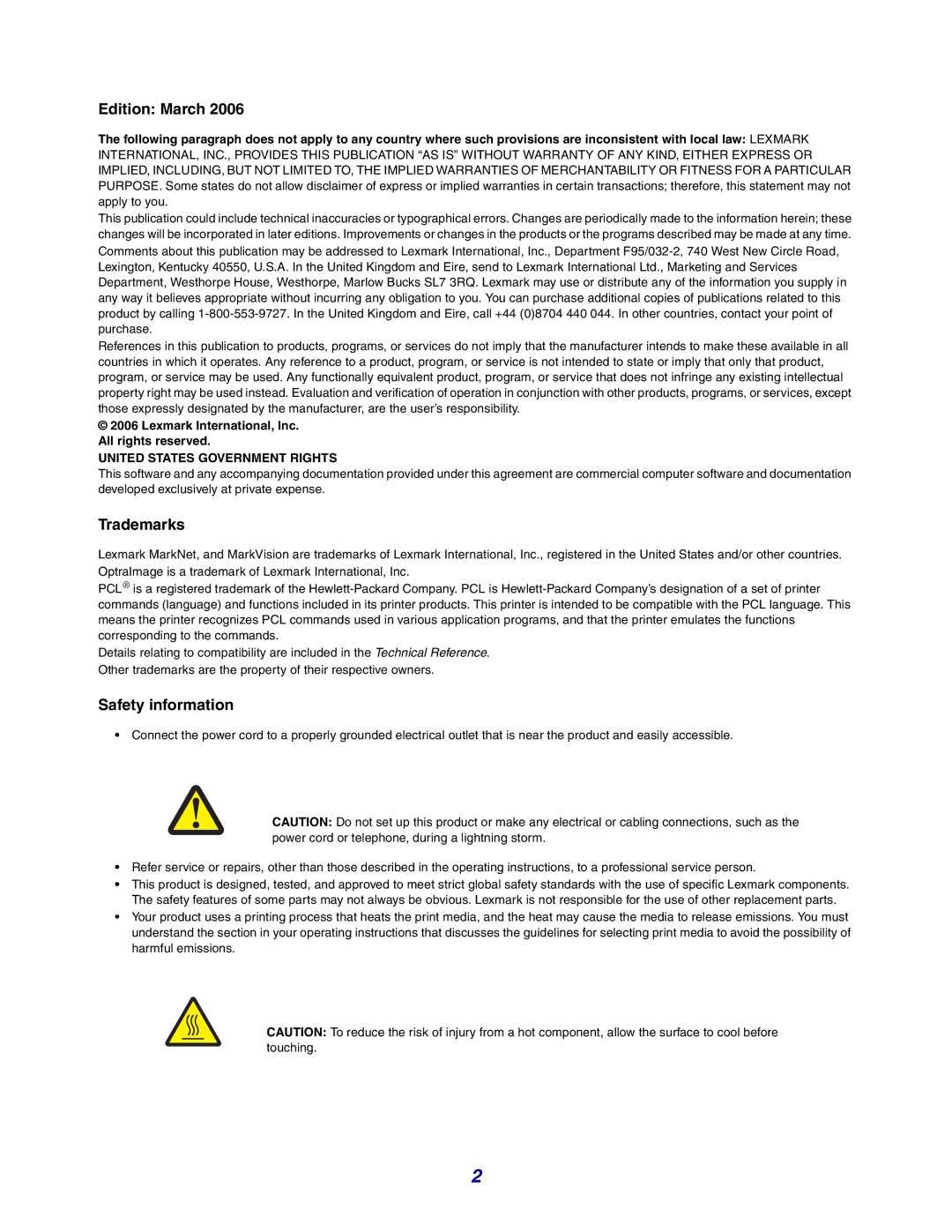 Lexmark C770, C772 manual Edition March, Trademarks, Safety information 