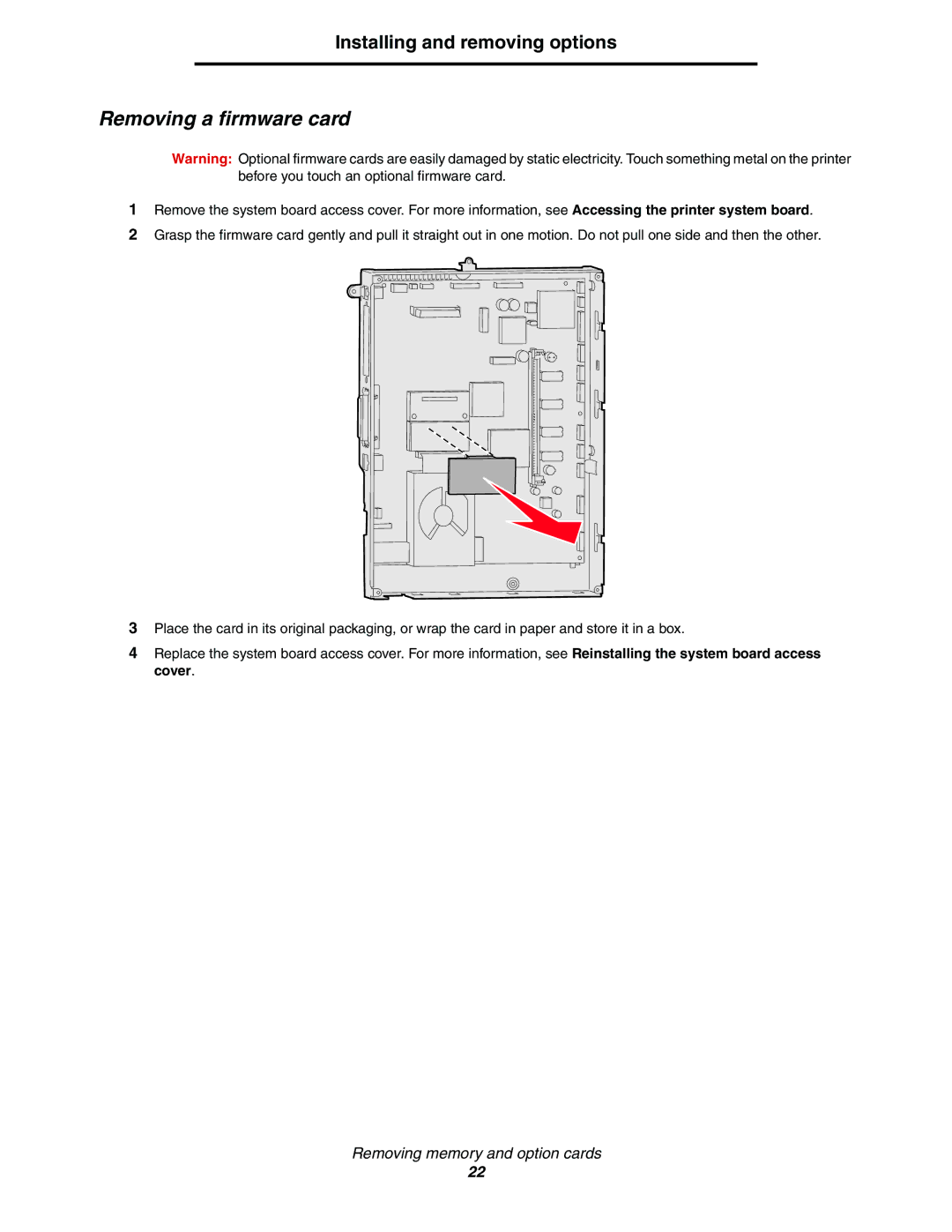 Lexmark C770, C772 manual Removing a firmware card 