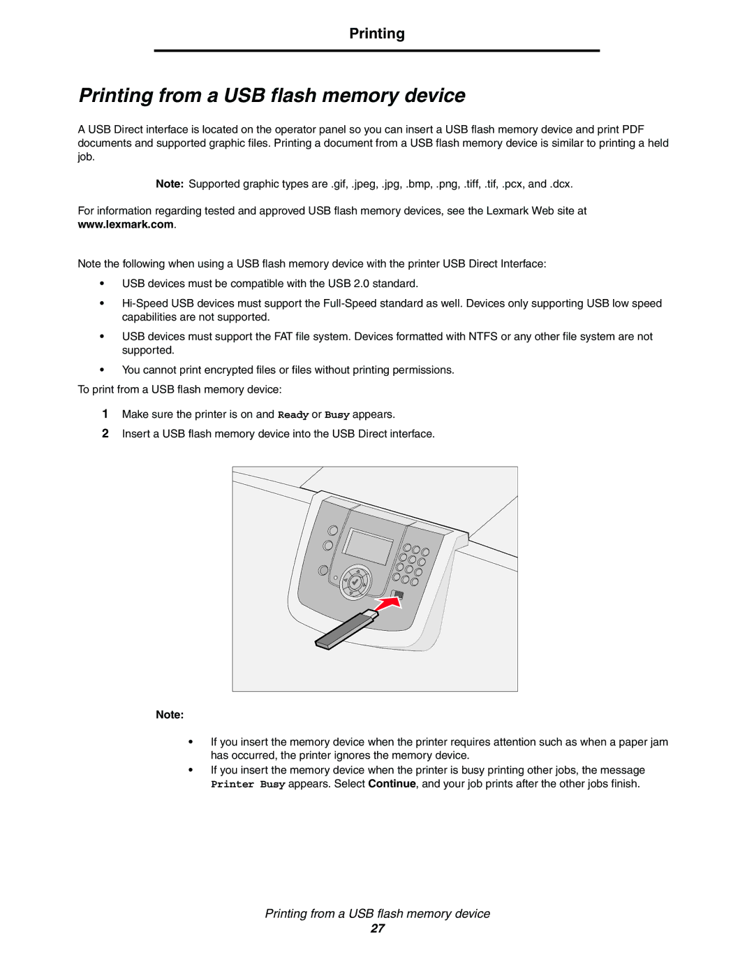 Lexmark C772, C770 manual Printing from a USB flash memory device 