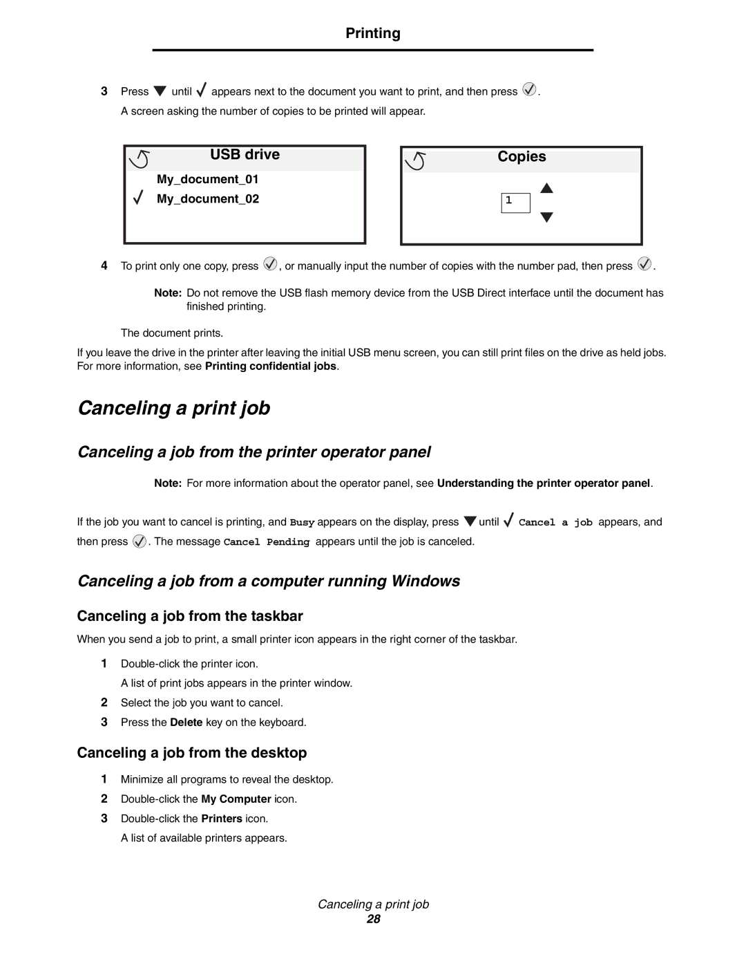 Lexmark C770, C772 manual Canceling a print job, Canceling a job from the printer operator panel 