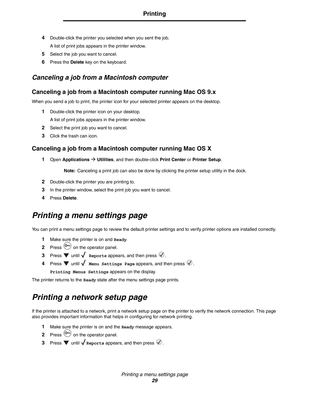 Lexmark C772, C770 manual Printing a menu settings, Printing a network setup, Canceling a job from a Macintosh computer 