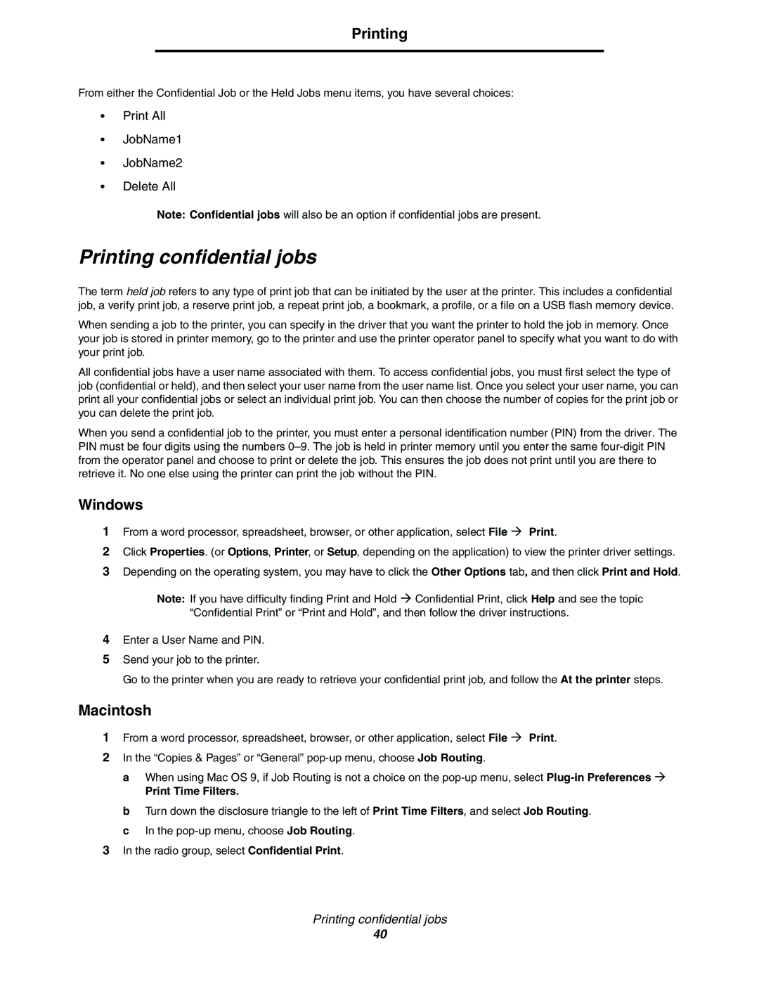 Lexmark C770, C772 manual Printing confidential jobs, Windows, Macintosh, Print Time Filters 