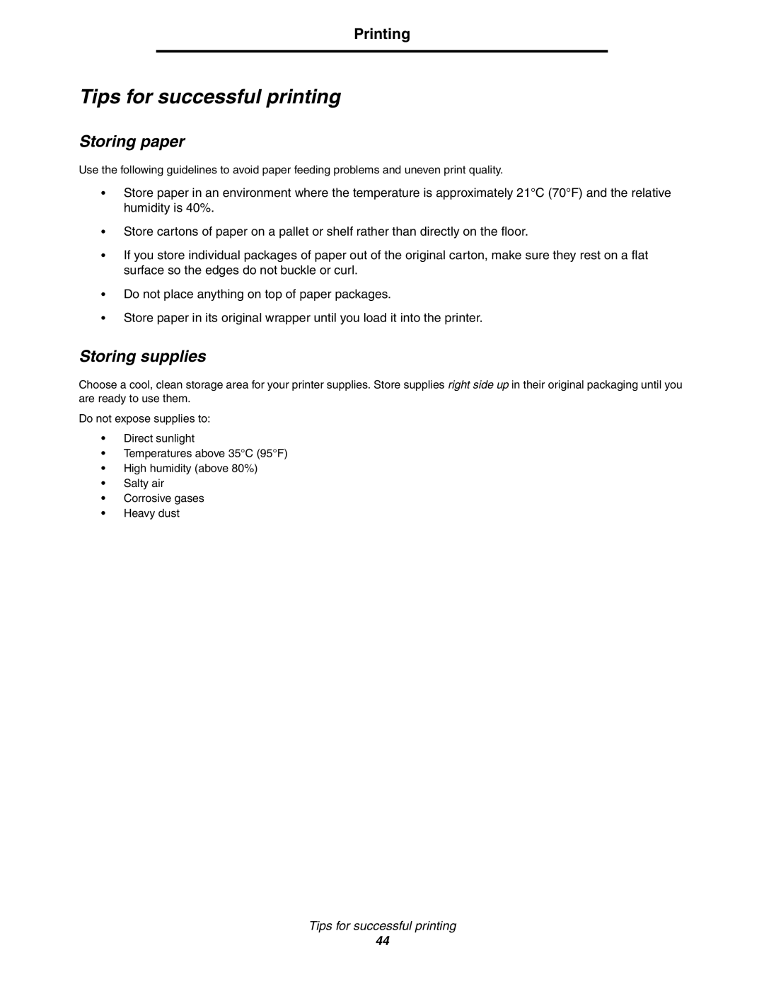 Lexmark C770, C772 manual Tips for successful printing, Storing paper, Storing supplies 