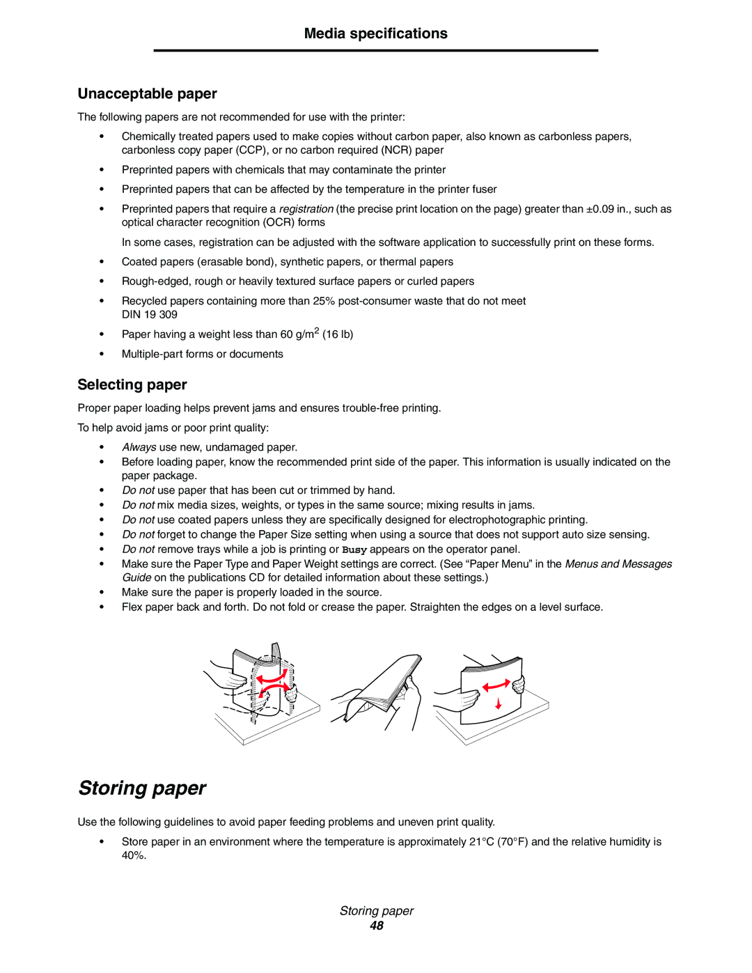 Lexmark C770, C772 manual Storing paper, Media specifications Unacceptable paper, Selecting paper 