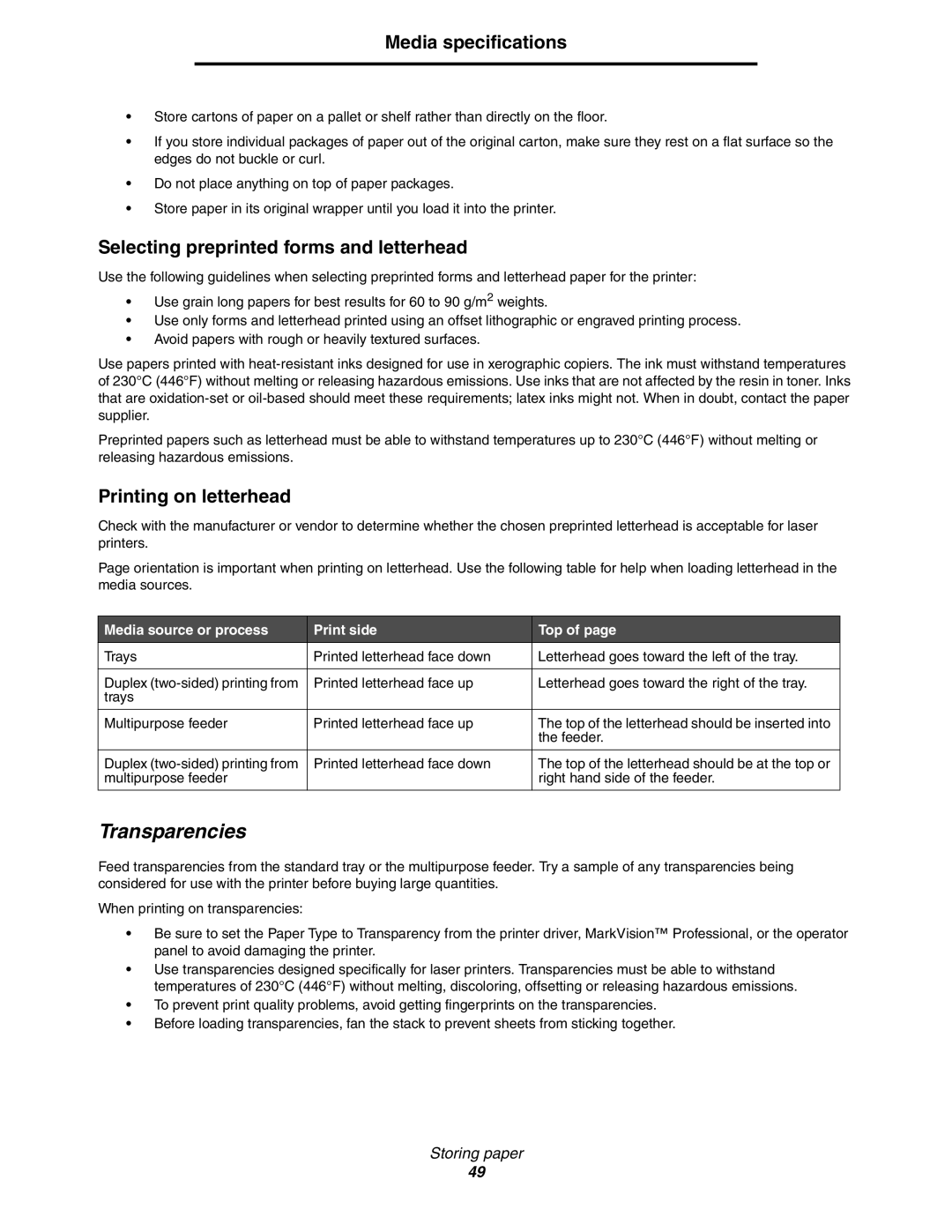 Lexmark C772, C770 manual Transparencies, Selecting preprinted forms and letterhead, Printing on letterhead 