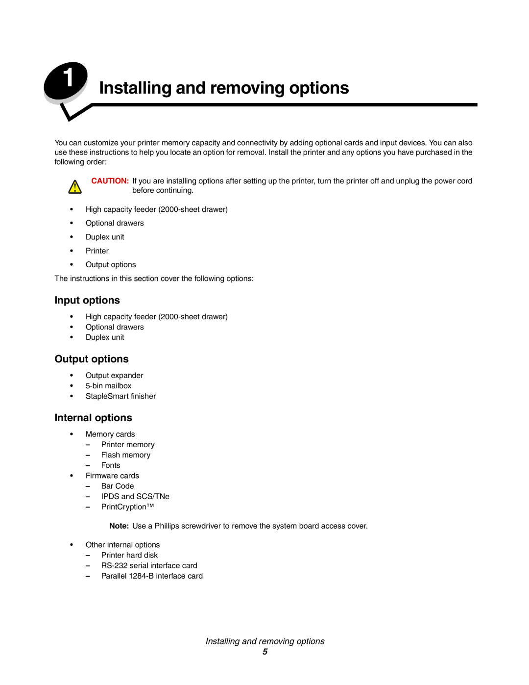 Lexmark C772, C770 manual Input options, Output options, Internal options 