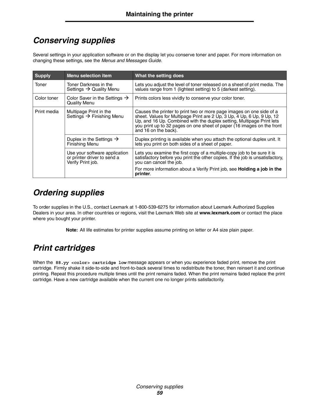 Lexmark C772, C770 manual Conserving supplies, Ordering supplies Print cartridges, Maintaining the printer, Printer 