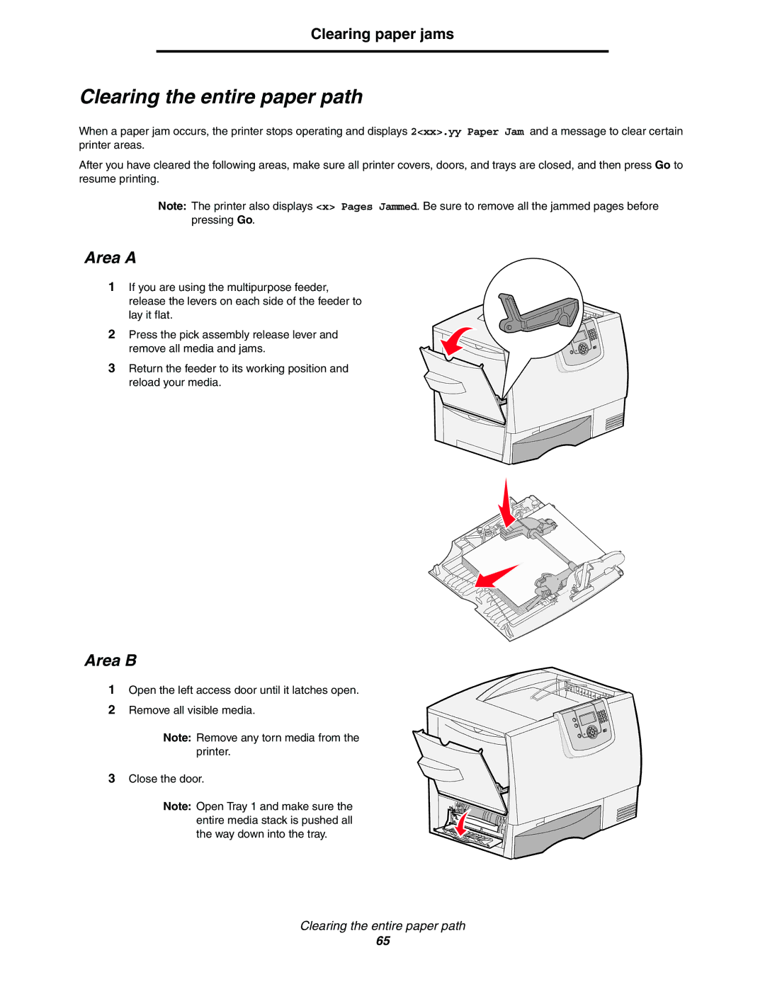 Lexmark C772, C770 manual Clearing the entire paper path, Area a, Area B 