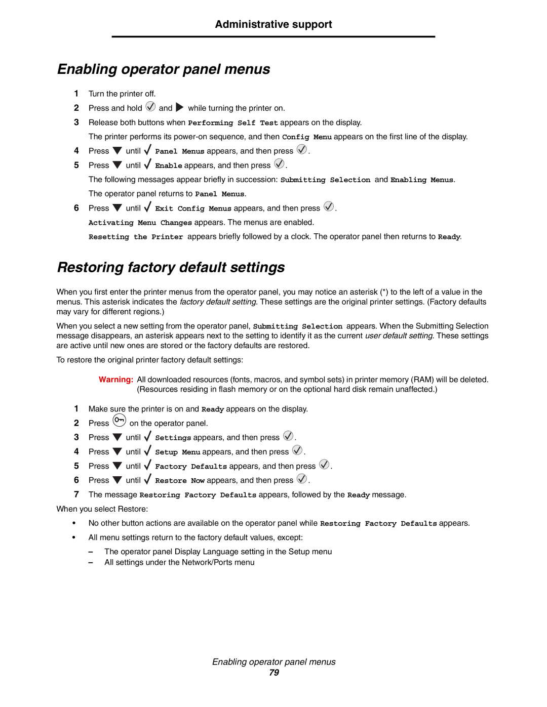 Lexmark C772, C770 manual Enabling operator panel menus, Restoring factory default settings, Administrative support 