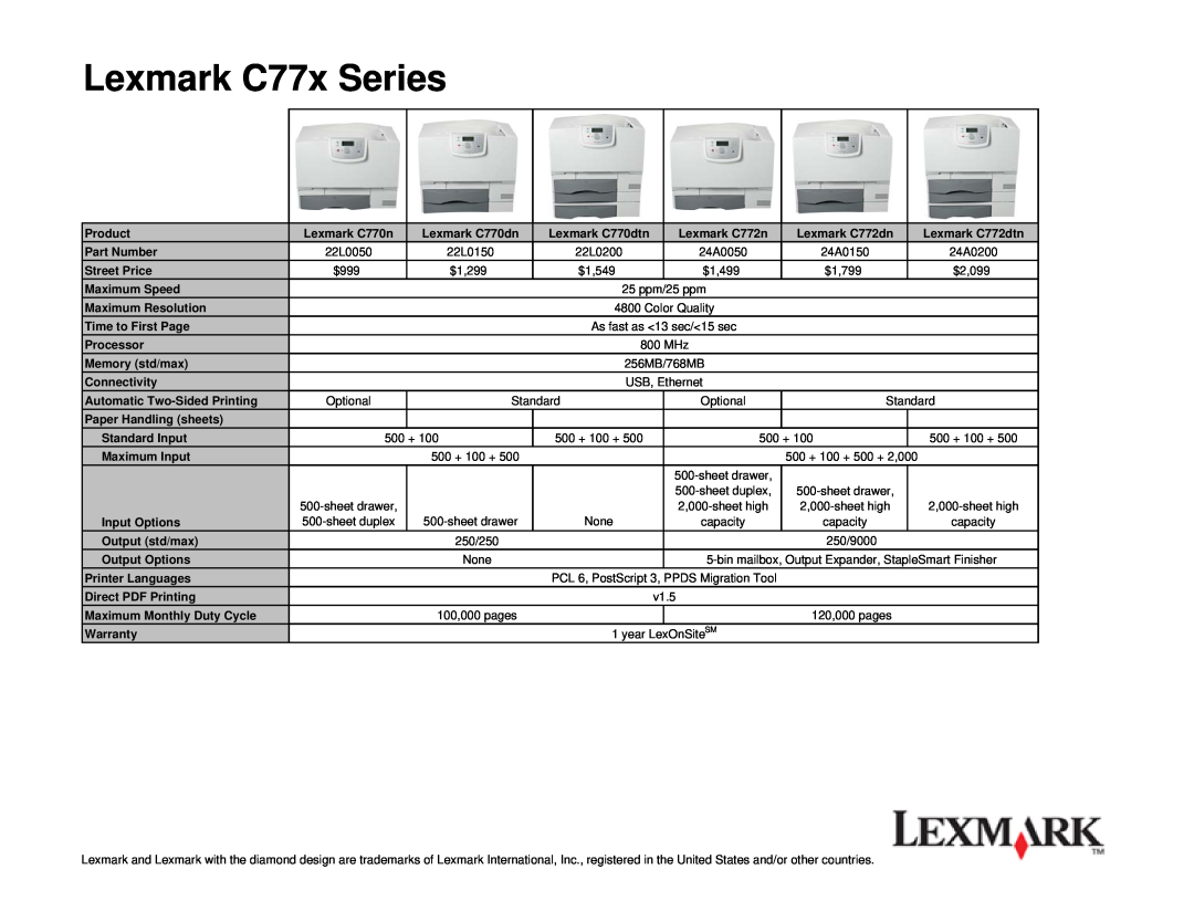 Lexmark C770n, C772n, C772DTN, C770DTN, C772DN, C770DN warranty Lexmark C77x Series 