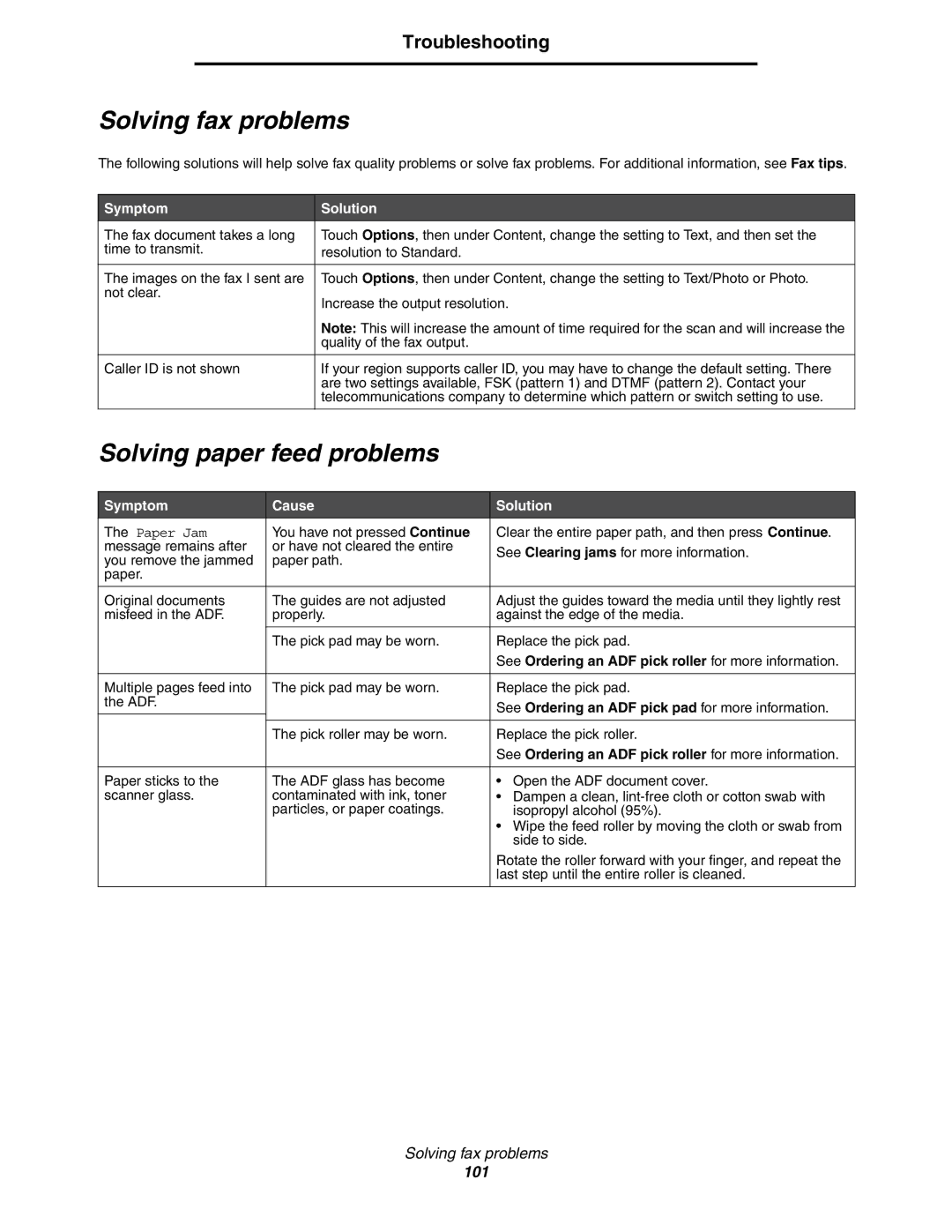 Lexmark C77x manual Solving fax problems, Solving paper feed problems, Symptom Cause Solution 