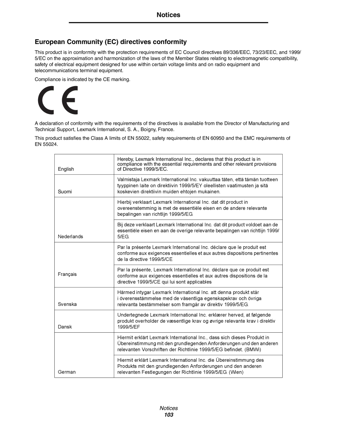 Lexmark C77x manual European Community EC directives conformity, 103 