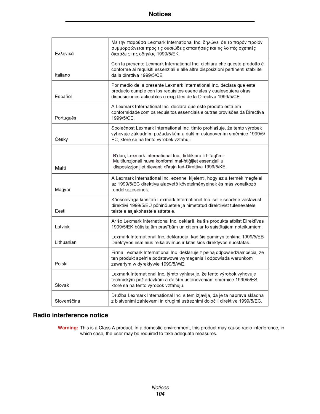 Lexmark C77x manual Radio interference notice, Malti 