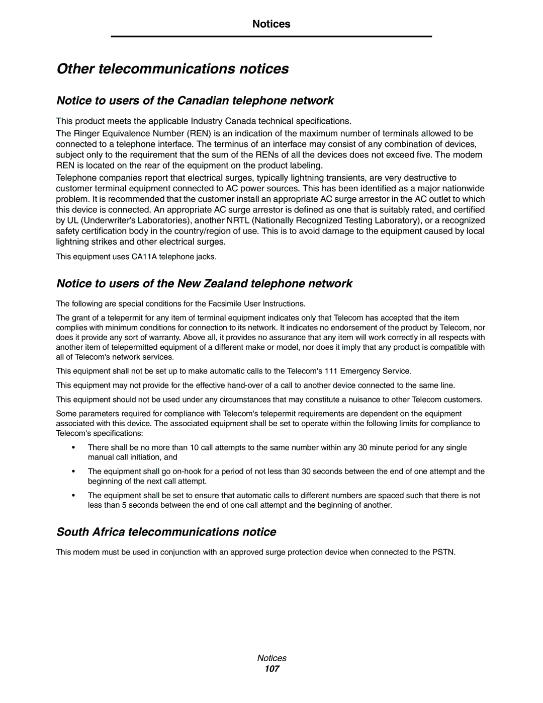 Lexmark C77x manual Other telecommunications notices, South Africa telecommunications notice 