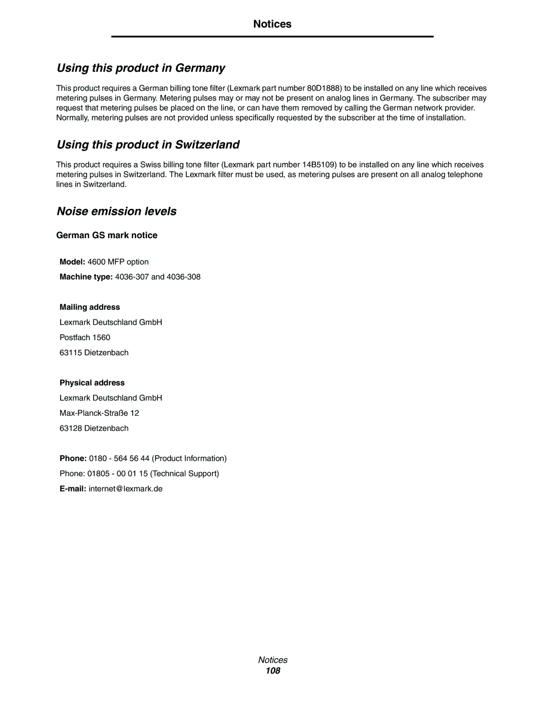 Lexmark C77x Using this product in Germany, Using this product in Switzerland, Noise emission levels, Mailing address 