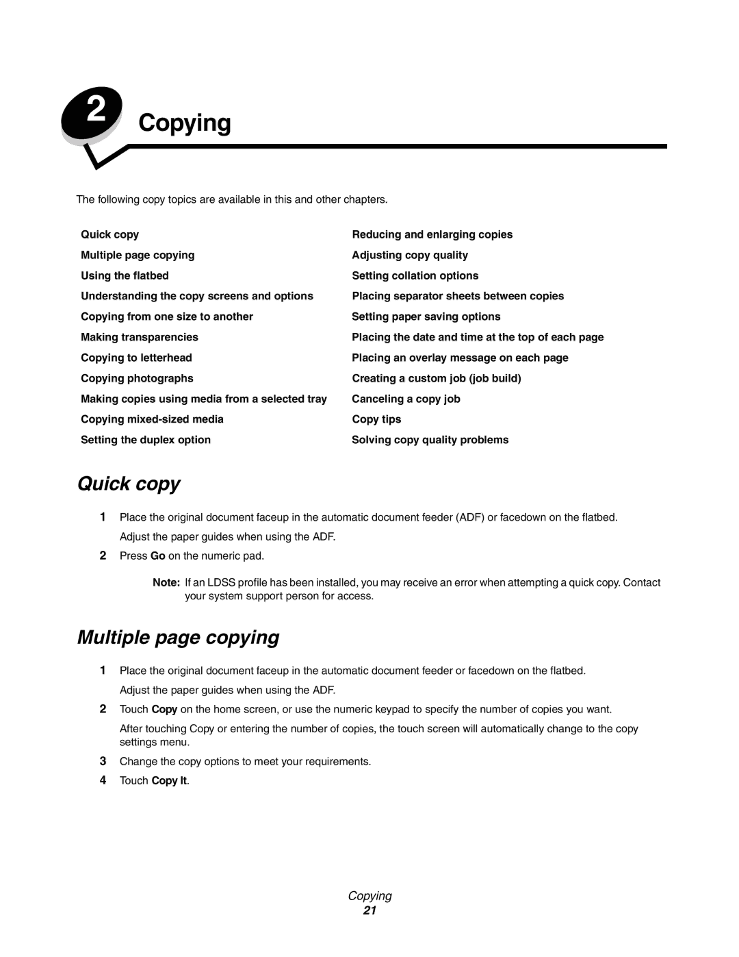 Lexmark C77x manual Copying, Quick copy, Multiple page copying 