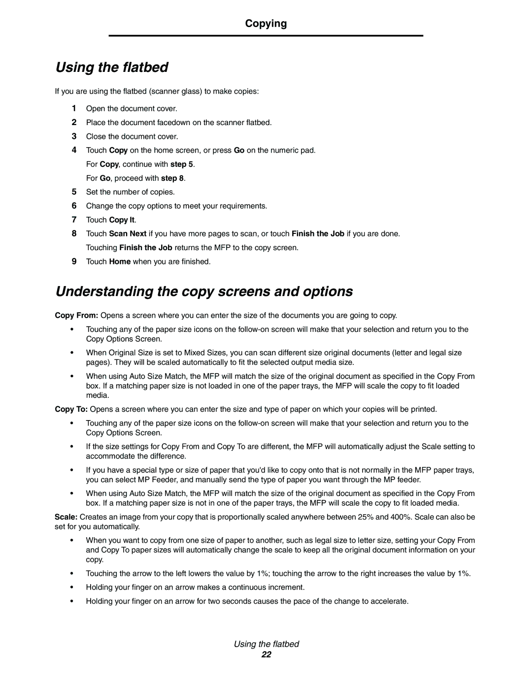 Lexmark C77x manual Using the flatbed, Understanding the copy screens and options, Copying 