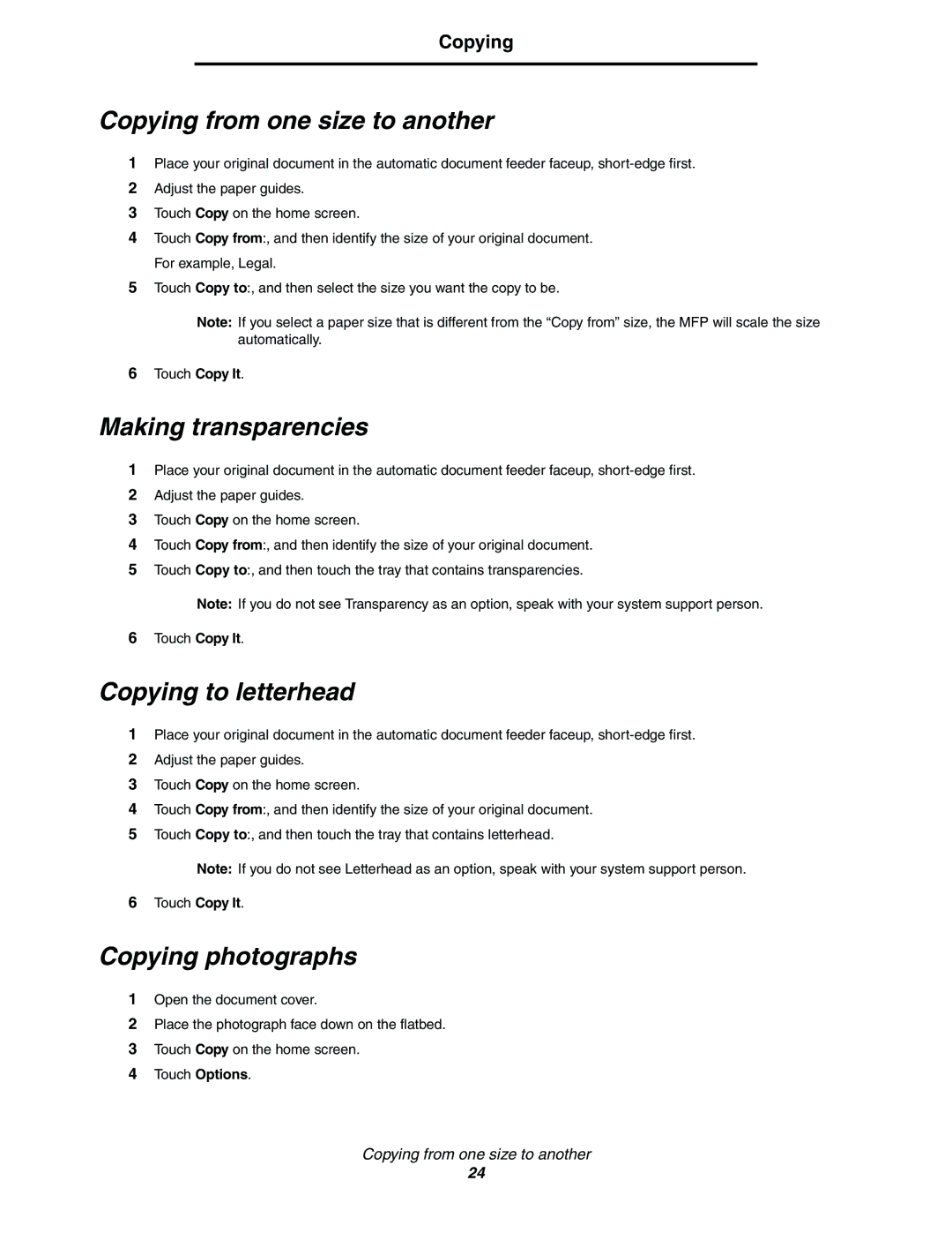 Lexmark C77x manual Copying from one size to another, Making transparencies, Copying to letterhead, Copying photographs 