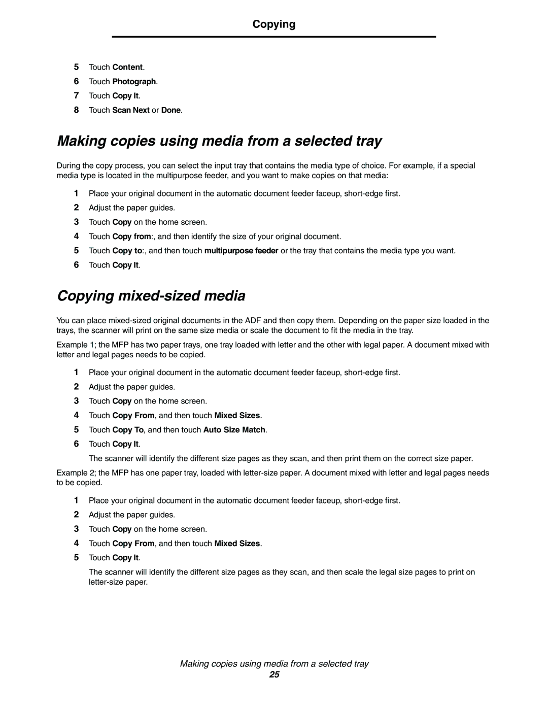 Lexmark C77x manual Making copies using media from a selected tray, Copying mixed-sized media, Touch Photograph 