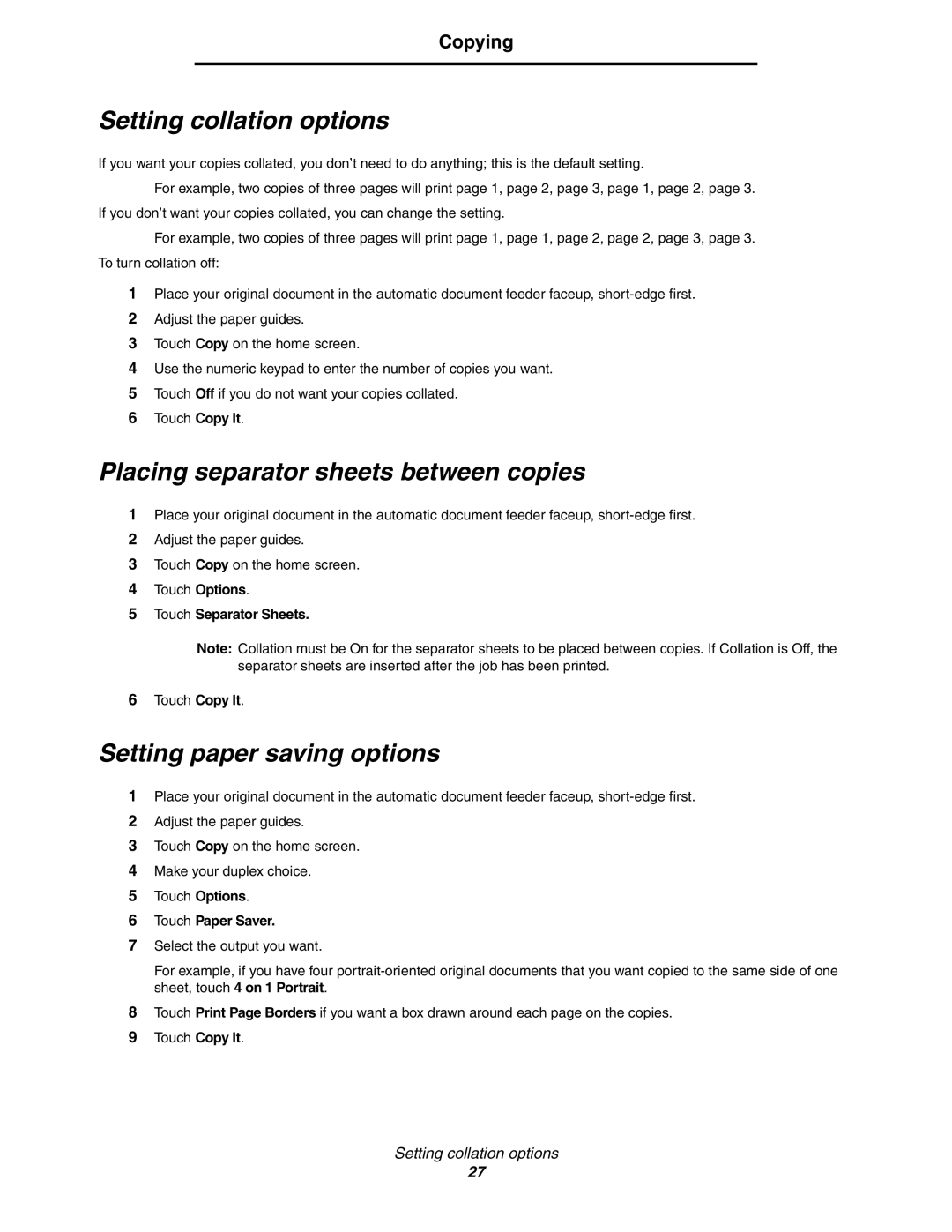 Lexmark C77x manual Setting collation options, Placing separator sheets between copies, Setting paper saving options 