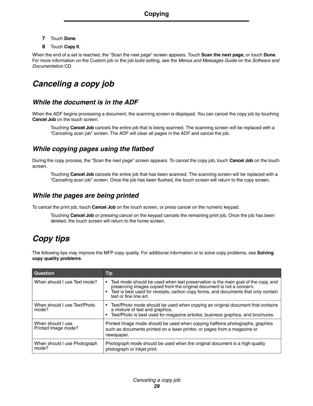 Lexmark C77x Canceling a copy job, Copy tips, While the document is in the ADF, While copying pages using the flatbed 