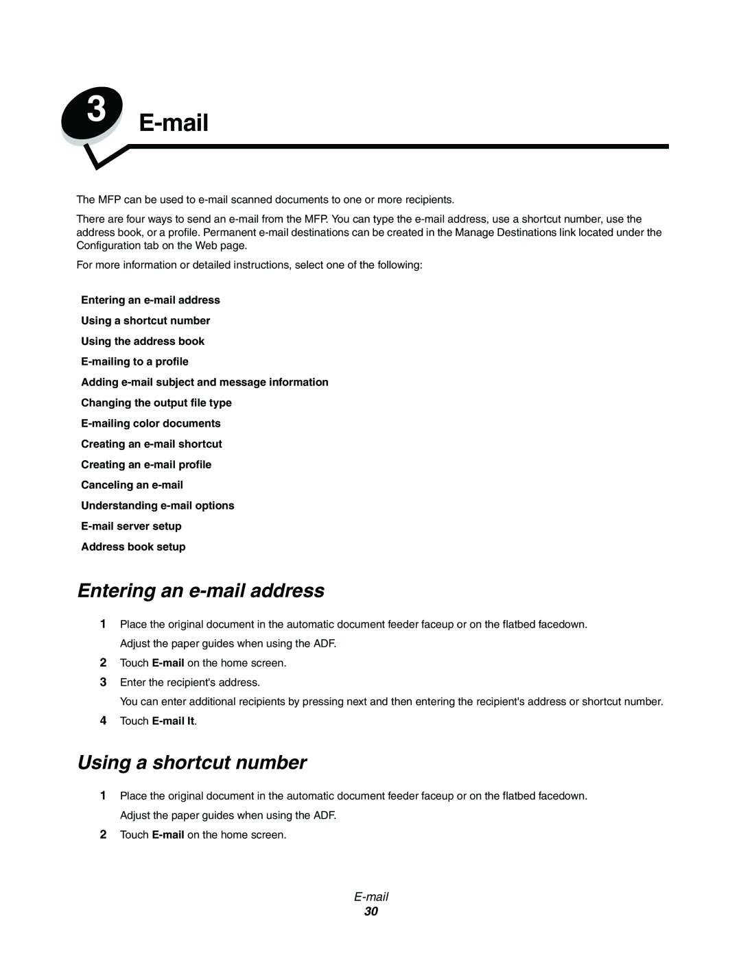 Lexmark C77x manual Mail, Entering an e-mail address, Using a shortcut number, Touch E-mail It 