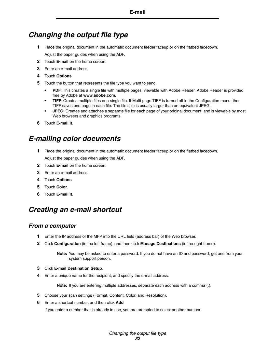 Lexmark C77x manual Changing the output file type, Mailing color documents, Creating an e-mail shortcut, From a computer 