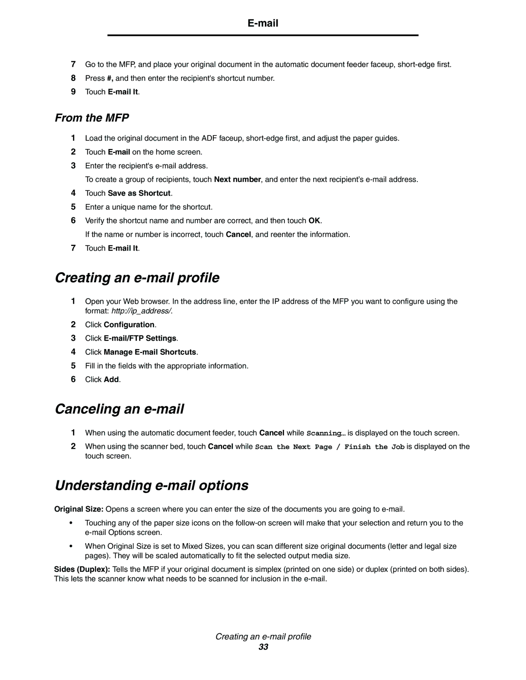 Lexmark C77x manual Creating an e-mail profile, Canceling an e-mail, Understanding e-mail options, From the MFP 