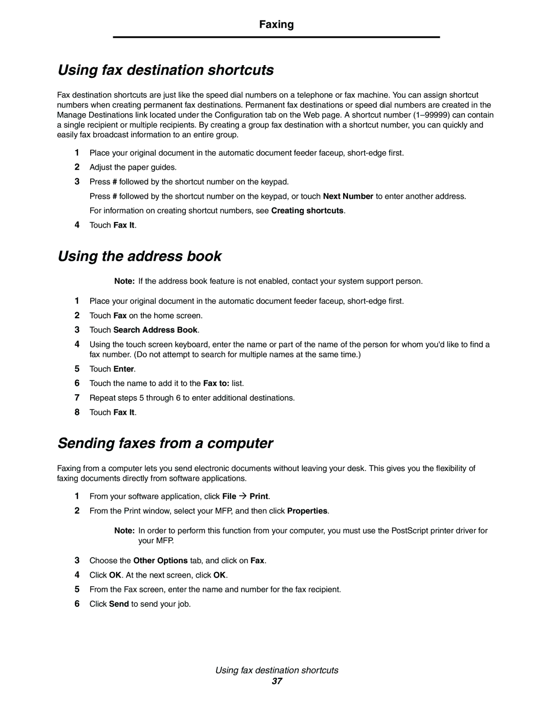 Lexmark C77x manual Using fax destination shortcuts, Sending faxes from a computer, Faxing 