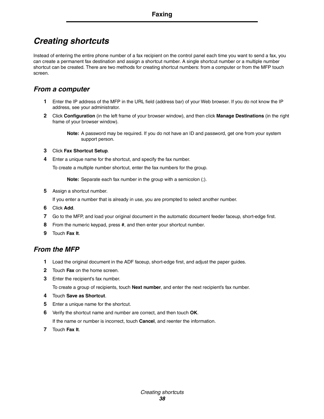 Lexmark C77x manual Creating shortcuts, Click Fax Shortcut Setup 