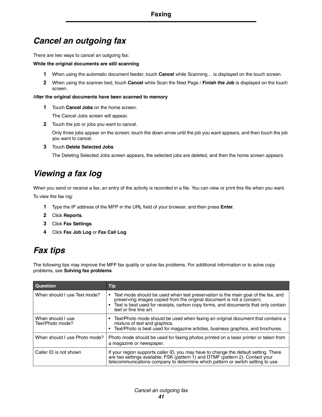 Lexmark C77x manual Cancel an outgoing fax, Viewing a fax log, Fax tips 