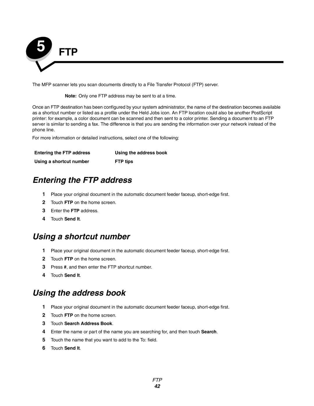 Lexmark C77x manual Ftp, Entering the FTP address 