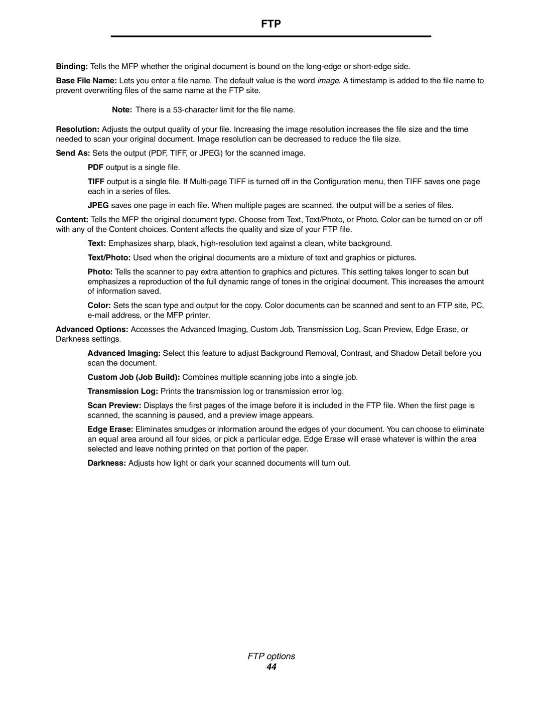 Lexmark C77x manual FTP options 