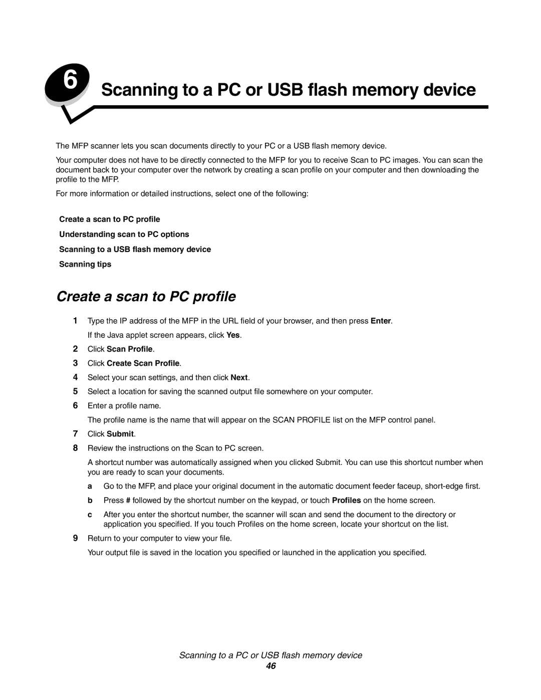 Lexmark C77x manual Scanning to a PC or USB flash memory device, Create a scan to PC profile 