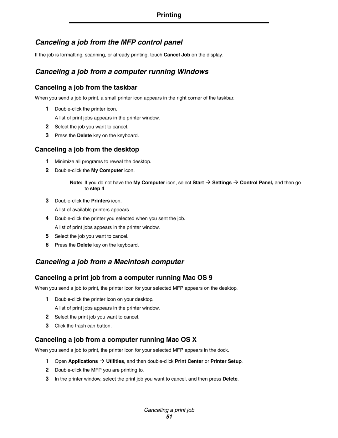 Lexmark C77x manual Canceling a job from the MFP control panel, Canceling a job from a computer running Windows 