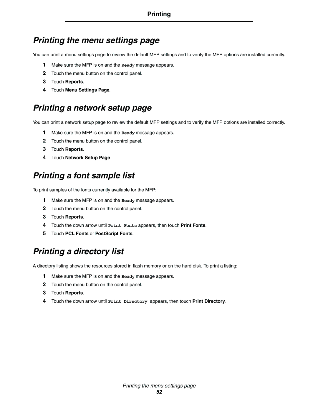 Lexmark C77x Printing the menu settings, Printing a network setup, Printing a font sample list, Printing a directory list 