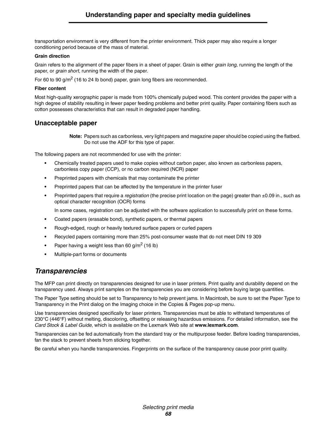 Lexmark C77x manual Transparencies, Unacceptable paper, Grain direction, Fiber content 