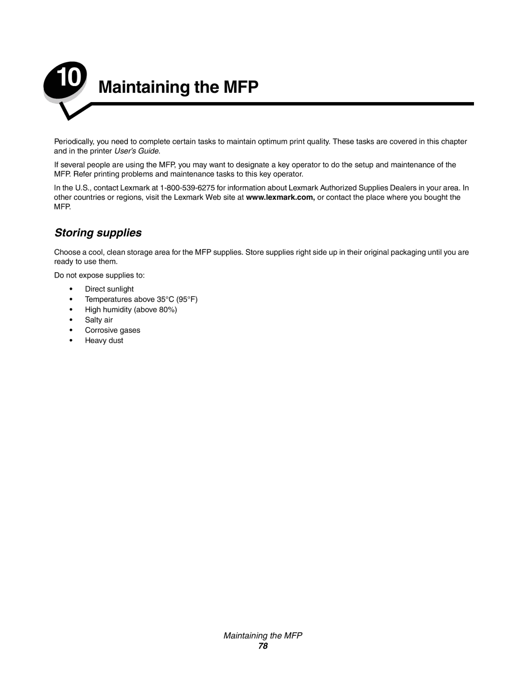 Lexmark C77x manual Maintaining the MFP, Storing supplies 