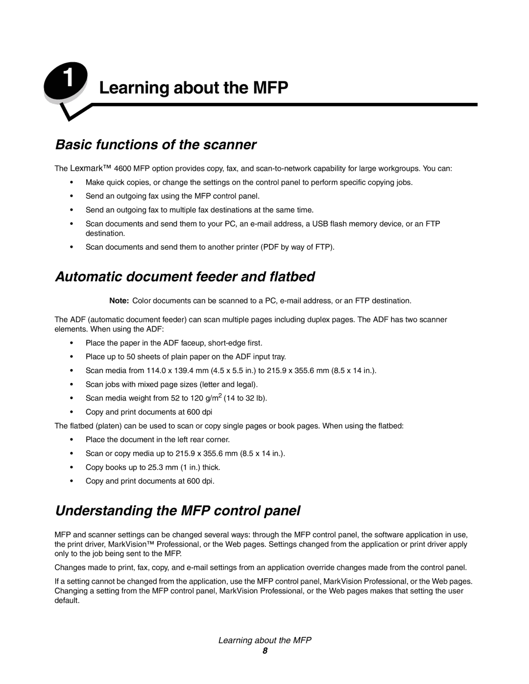 Lexmark C77x manual Learning about the MFP, Basic functions of the scanner, Automatic document feeder and flatbed 