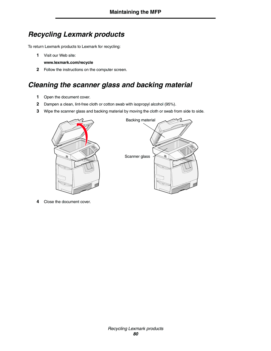 Lexmark C77x manual Recycling Lexmark products, Cleaning the scanner glass and backing material, Maintaining the MFP 