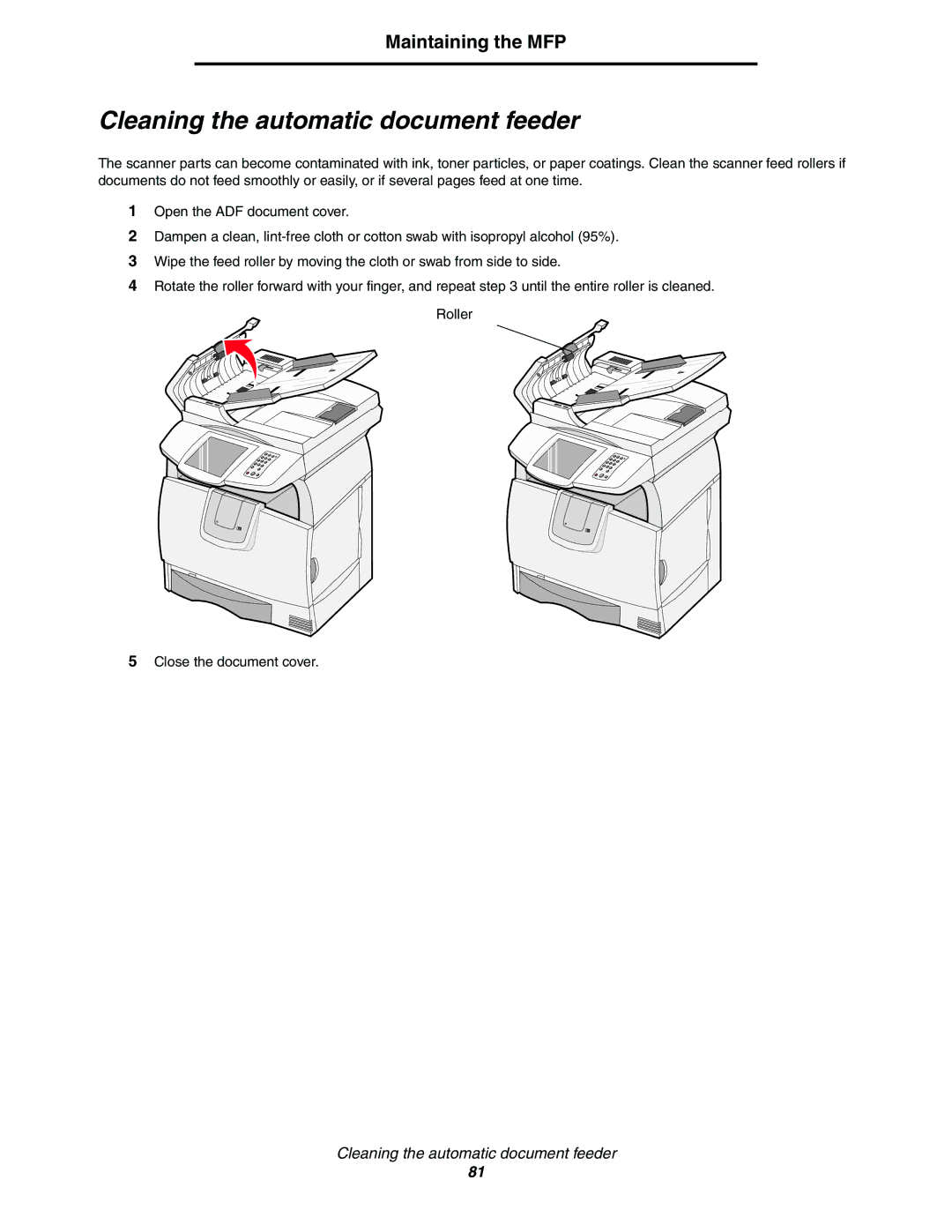 Lexmark C77x manual Cleaning the automatic document feeder 