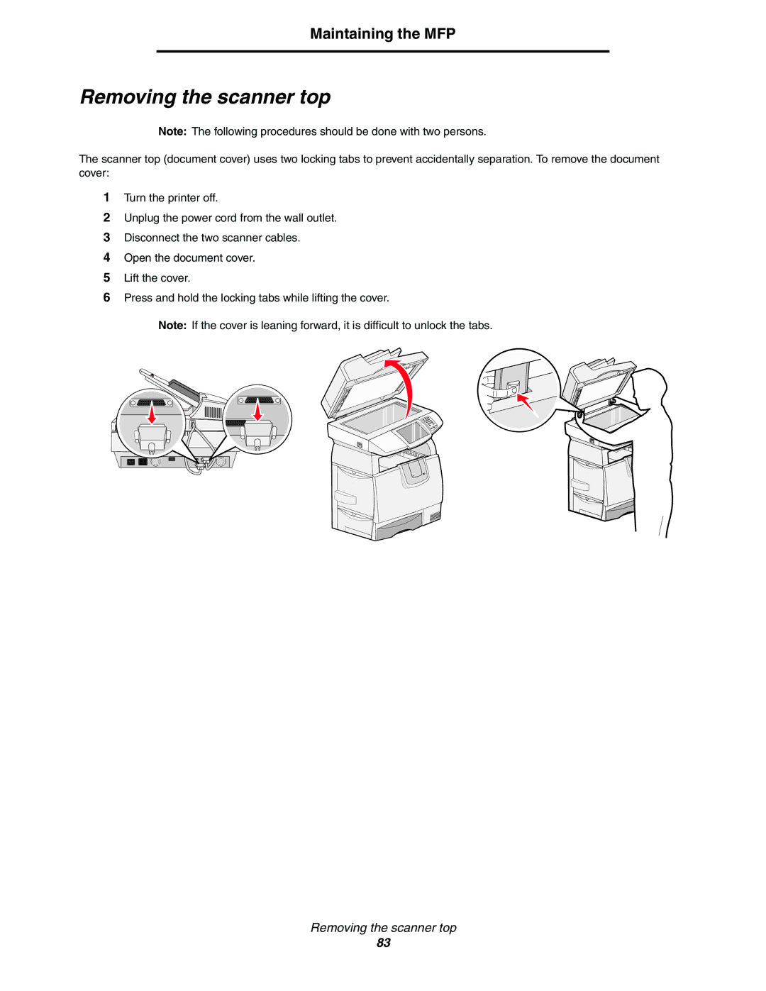 Lexmark C77x manual Removing the scanner top 