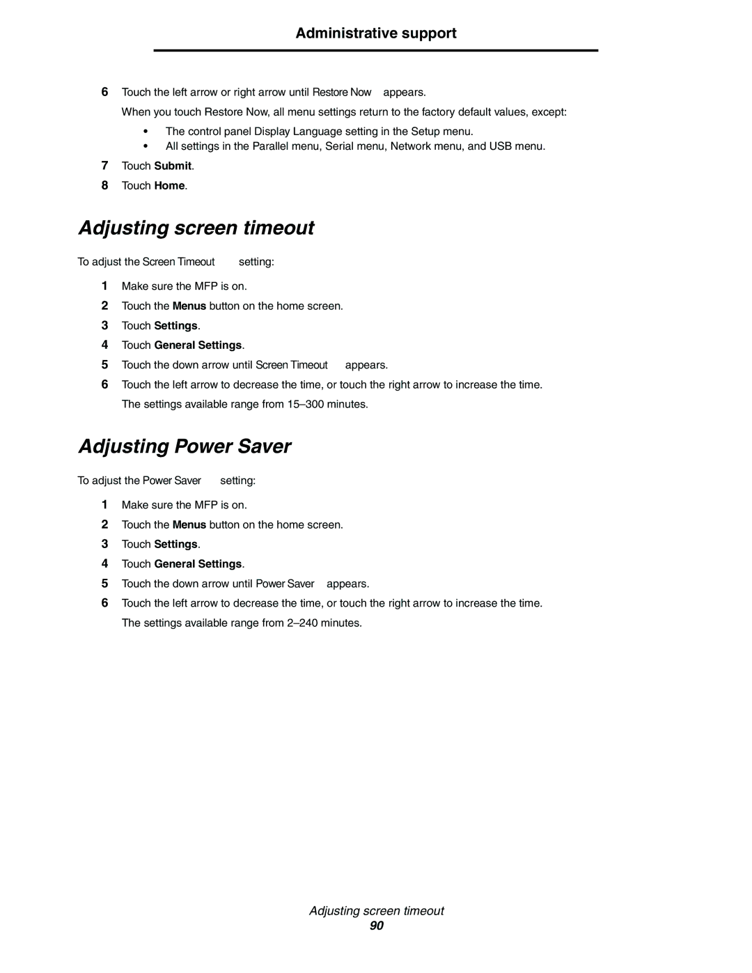 Lexmark C77x manual Adjusting screen timeout, Adjusting Power Saver, Administrative support 