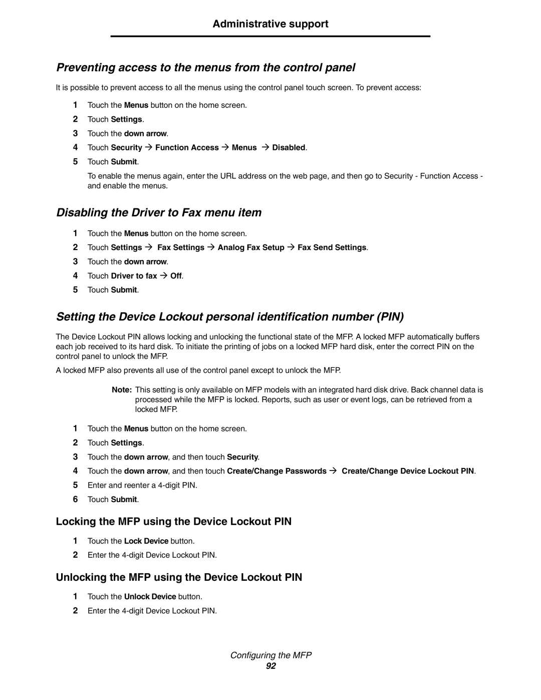 Lexmark C77x manual Preventing access to the menus from the control panel, Disabling the Driver to Fax menu item 