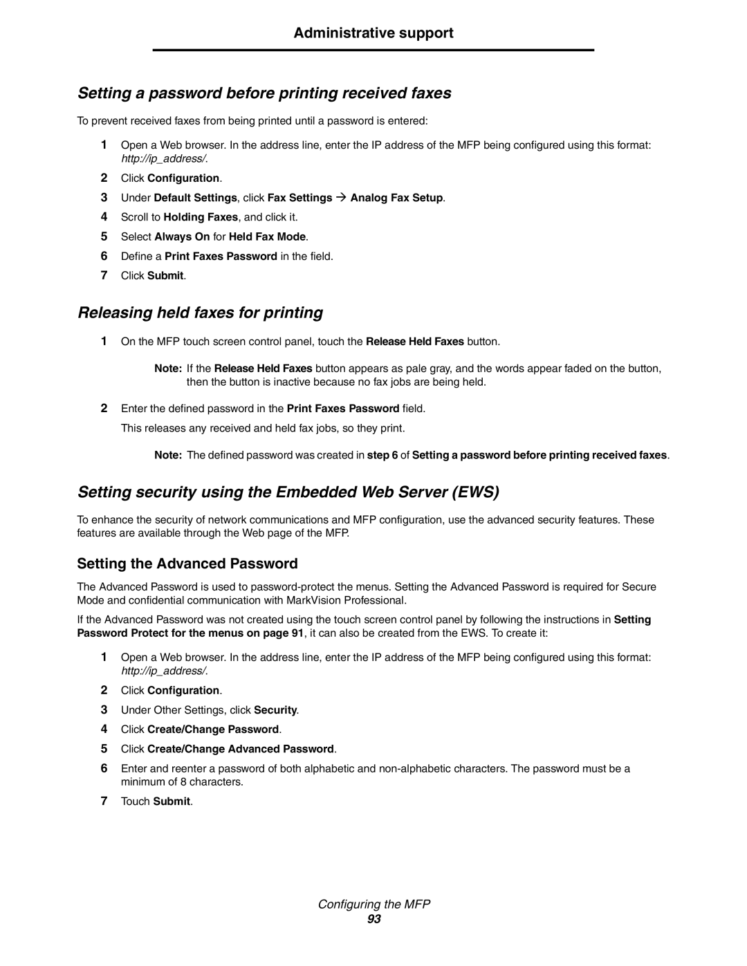 Lexmark C77x manual Setting a password before printing received faxes, Releasing held faxes for printing 