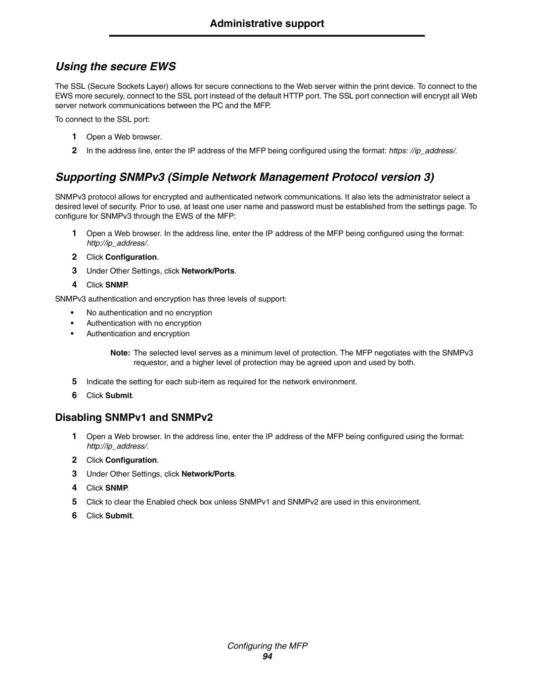 Lexmark C77x manual Using the secure EWS, Disabling SNMPv1 and SNMPv2 