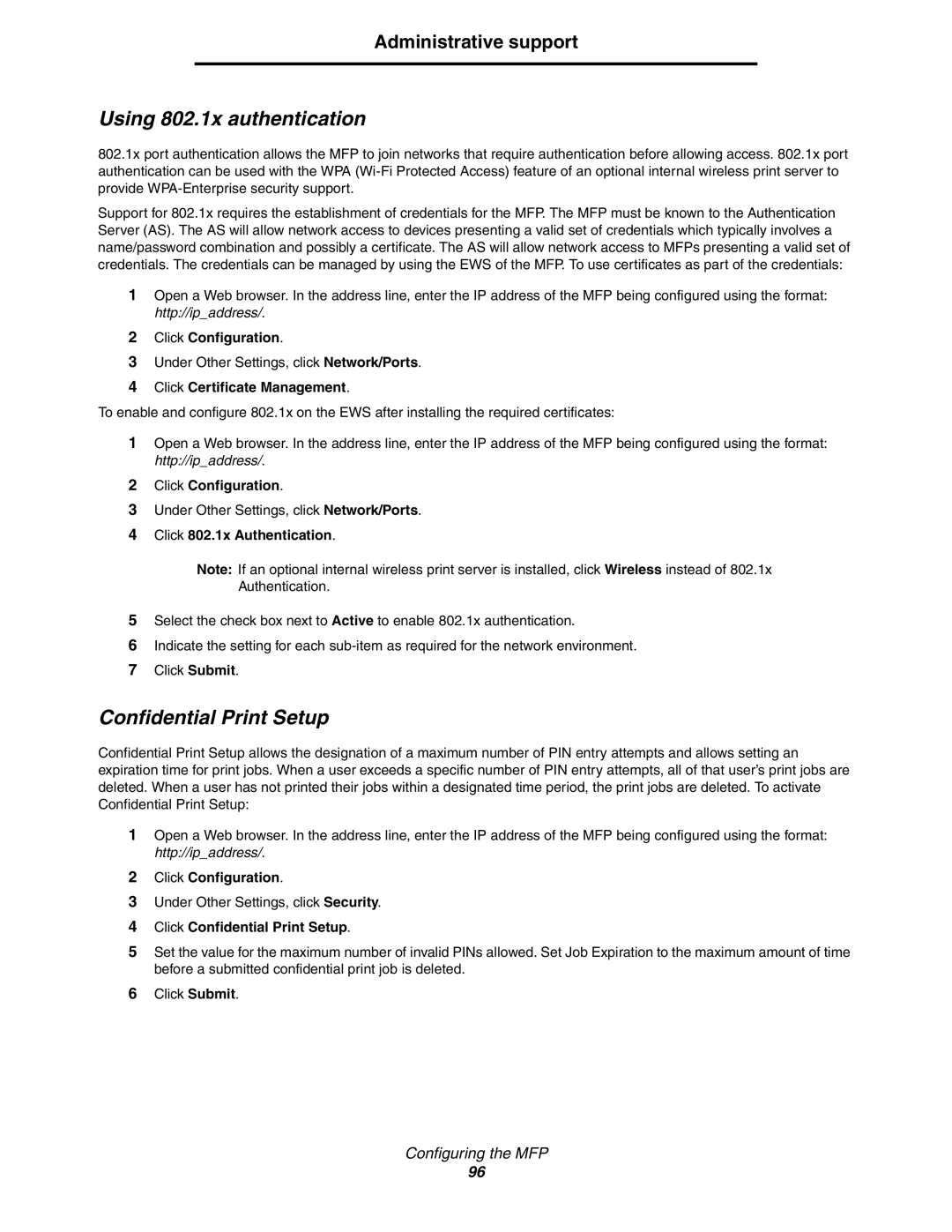 Lexmark C77x manual Using 802.1x authentication, Confidential Print Setup, Click Certificate Management 