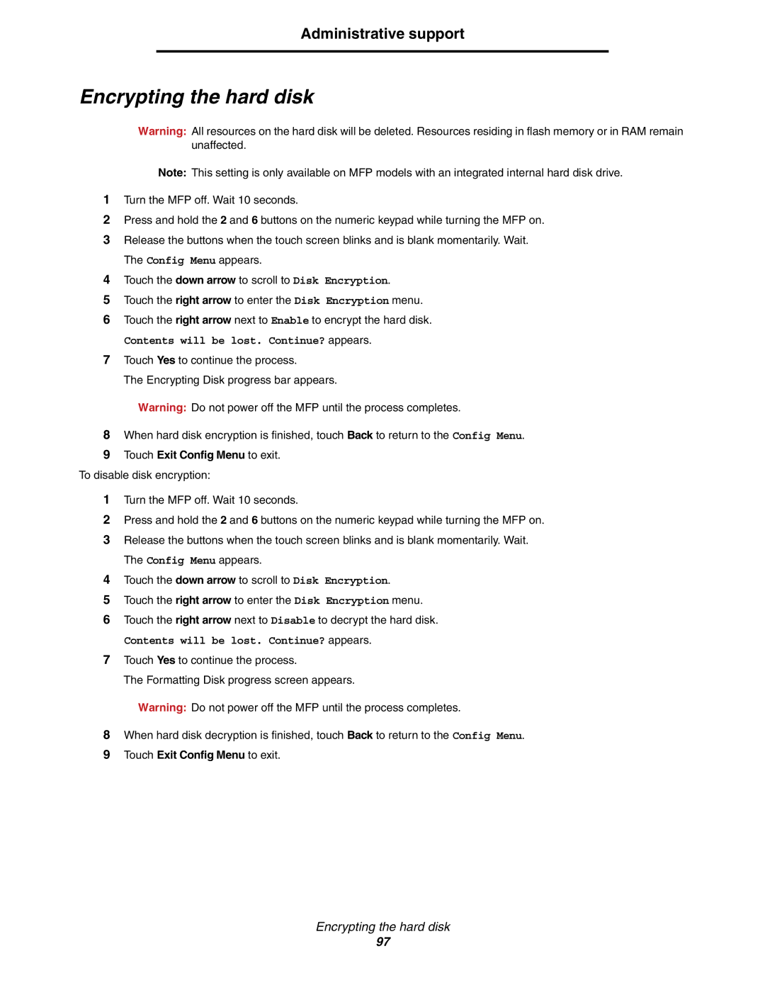 Lexmark C77x manual Encrypting the hard disk, Touch Exit Config Menu to exit 